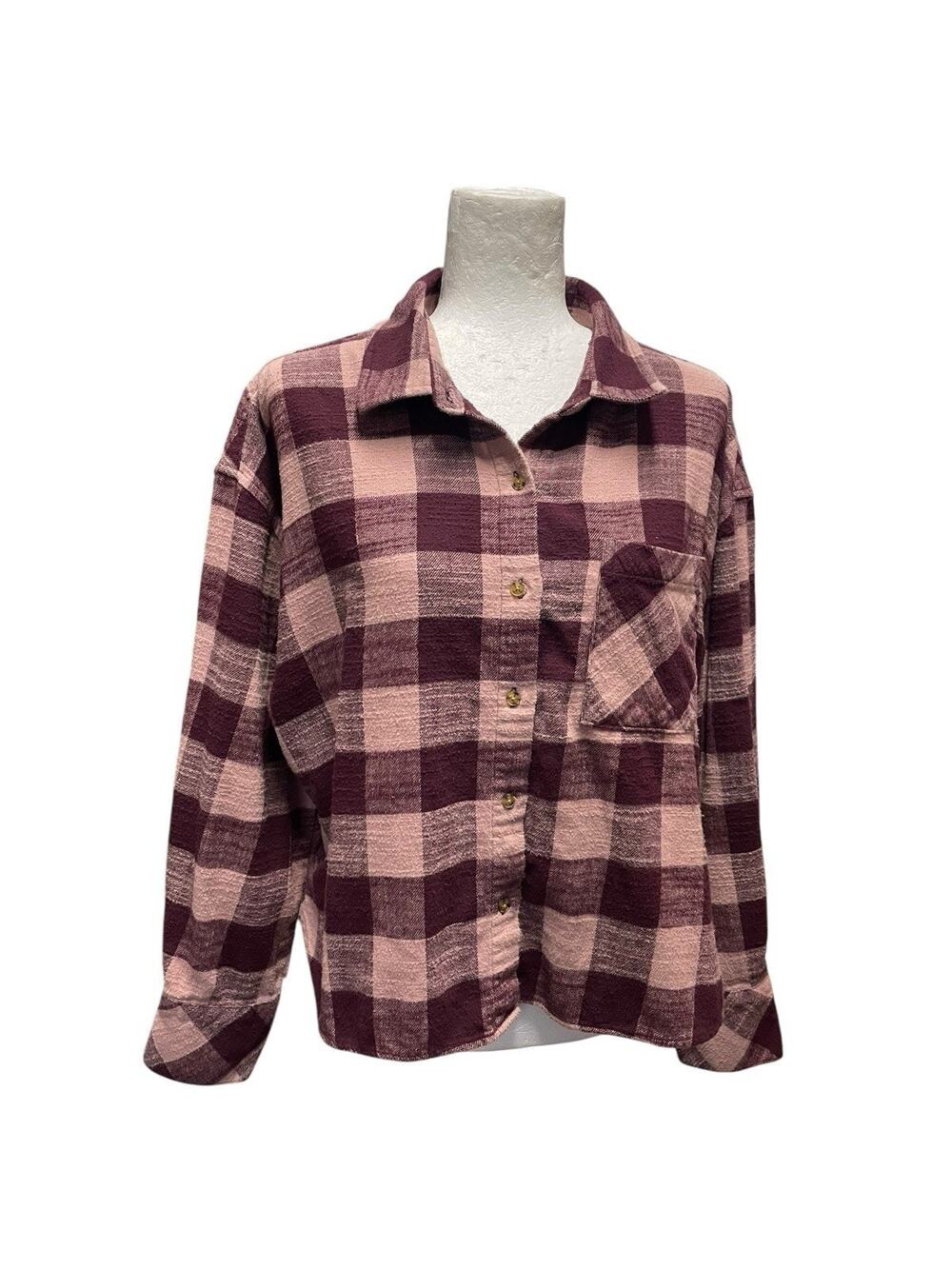 Scotch & Soda Womens Large Boxy Plaid Flannel Shirt Burgundy “Wine Tasting”